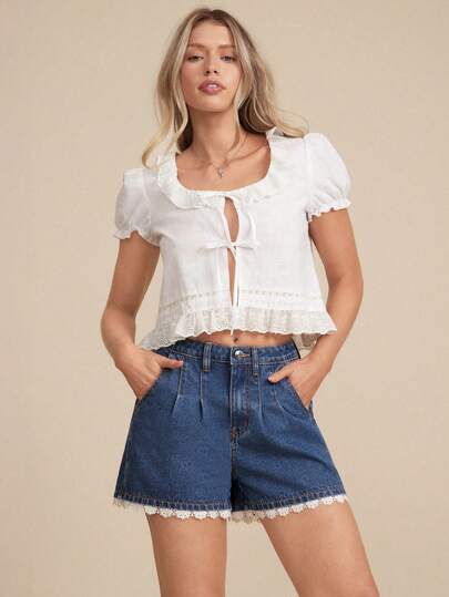 WESTFADE Mid Rise Pleated Trouser Pocket Relaxed Denim Lace Trim Shorts Winter, Spring, Resort, Valentine's Day, Cute, Boho, Nashville, Cowgirl, Western Wear, Vacation