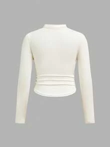 SHEIN Serisse Kids Tween Girl Neck Ruched Basics Solid Color Knit Tee,Great For Casual & Daily Wear & School Daily In Autumn & Winter - Apricot - View 3