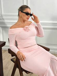 Truni 女士秋季服装，冬季加大码优雅纯色3D花卉装饰露肩T恤 - 粉色 - 查看 4