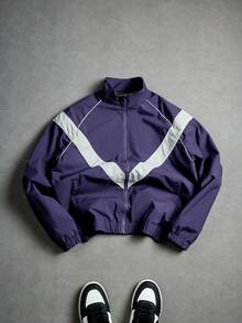 PAVTROS Áo khoác nam cổ đứng phối màu tương phản có khóa kéo - Màu tím - Xem 3