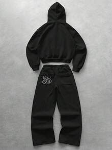 Manfinity Roghcode 男士弹力纯色街头风灰色运动套装，男士运动服，男士两件套运动服连帽衫和运动裤套装，黑色两件套男士设计师运动套装，男士慢跑套装，冬季保暖内衬 - 黑色 - 查看 2