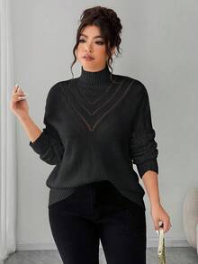 Elenzga Jersey de cuello en V de unicolor talla grande para mujer, invierno - Negro - Ver 4