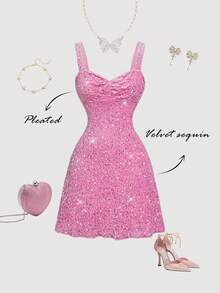 SHEIN MOD 女士亮片装饰时尚吊带迷你连衣裙，粉色 - 粉色 - 查看 1