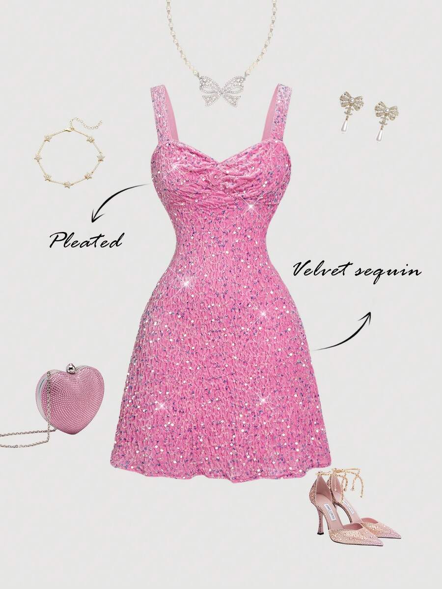 SHEIN MOD 女士亮片装饰时尚吊带迷你连衣裙，粉色 - 粉色 - 查看 1