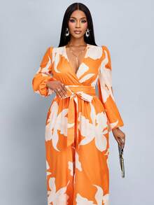 SOLERSUN Bộ jumpsuit ống rộng tay phồng in họa tiết toàn thân thanh lịch, thích hợp mặc hàng ngày. - trái cam - Xem 3