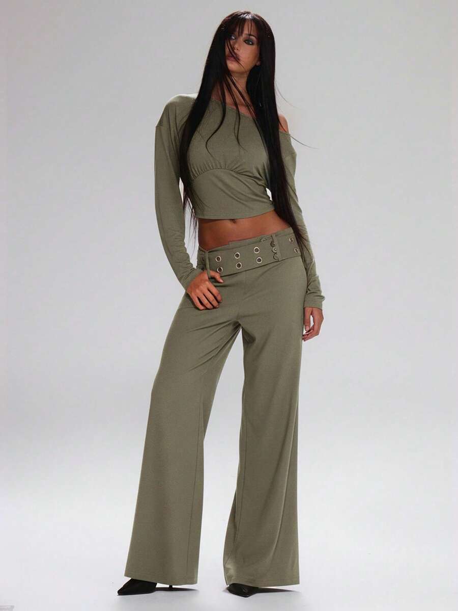 MUSERA Low Rise Eyelet Belted Wide Leg Suit Trousers Cute Back To School Casual Work Streetwear Sporty Work Wear Corporate Run Spring Y2k Summer - Grey - View 1