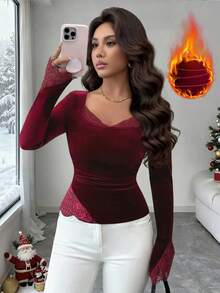 Elenzga Áo thun nữ cổ tròn tay dài phối ren thêu thanh lịch, mặc thường ngày và mặc vào dịp Giáng sinh, Thu/Đông - Đỏ - Xem 1