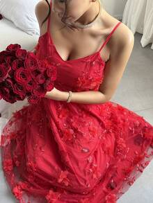 Rafferiza Women's Romantic Mesh Jacquard Spaghetti Strap Dress - Red - View 5