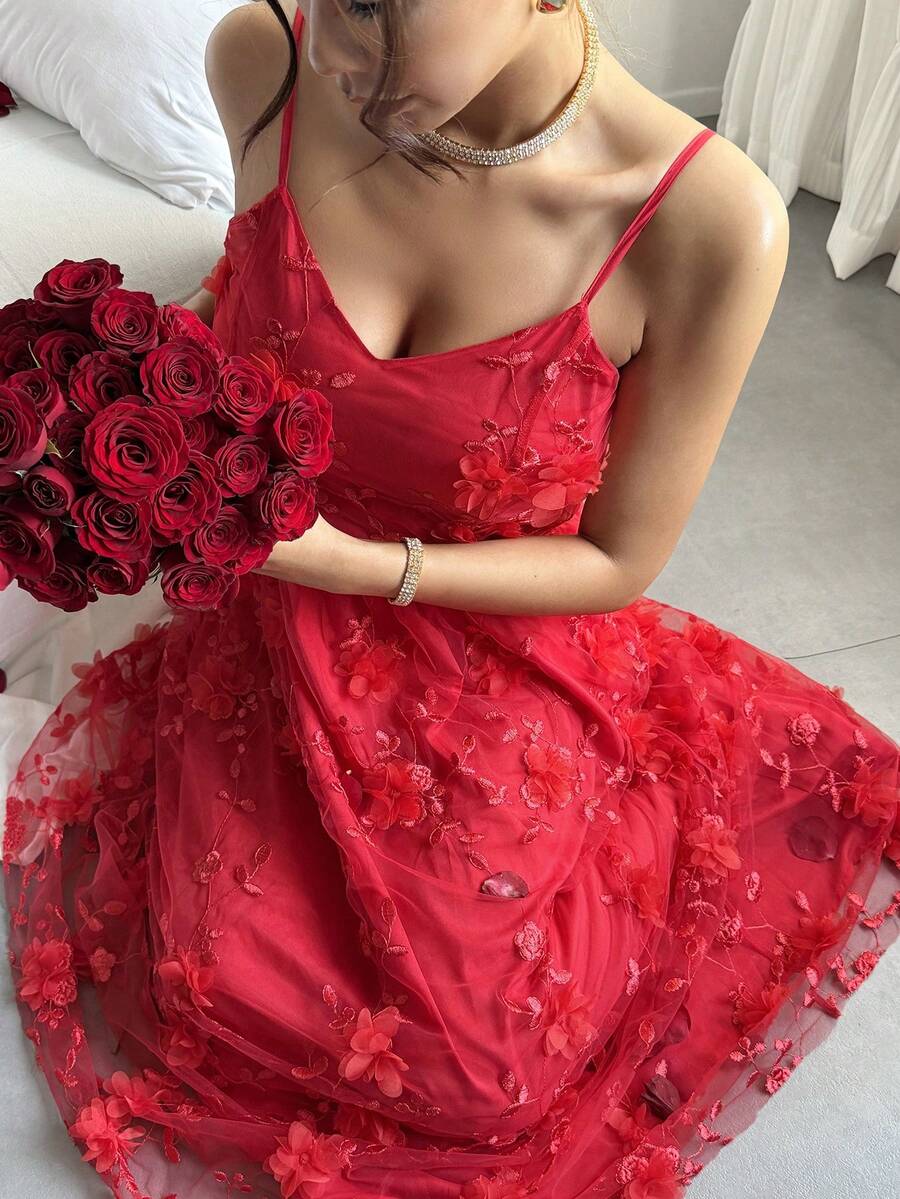 Rafferiza Women's Romantic Mesh Jacquard Spaghetti Strap Dress - Red - View 1