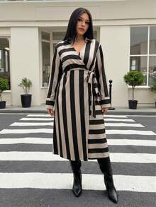 SHEIN LUNE Plus Size Striped Print Tie Front Wrap Long Sleeve Dress - Multicolor - View 5