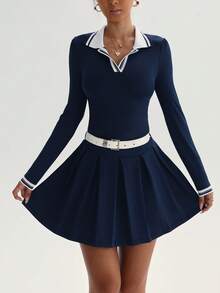 Dewbera Women's Striped Collared Long Sleeve Yoga Activewear Dress With Shorts - Navy Blue - View 5