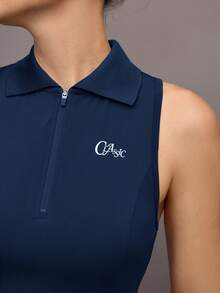 Activina Women's Navy Blue Letter Pattern Active Collared Tank Top And Pleated Mini Skirt Set - Navy Blue - View 6