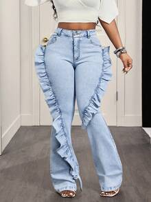 BamGleam Quần jeans ống loe nữ thời trang thường ngày, có túi, phối họa tiết, xếp ly và gấu quần. - Màu xanh lam - Xem 4