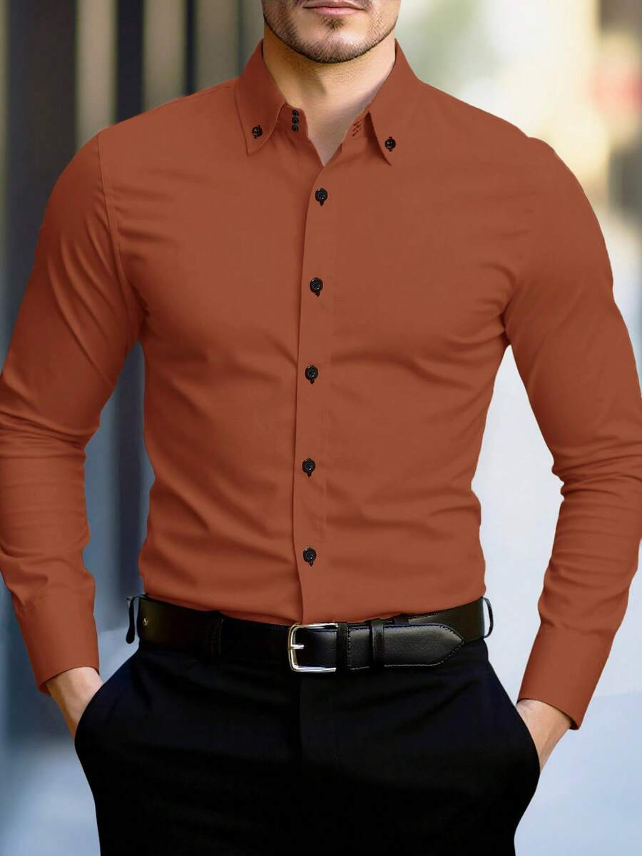 Manfinity Mode Áo sơ mi nam tay dài đơn giản, tối giản, màu trơn - trái cam - Xem 1