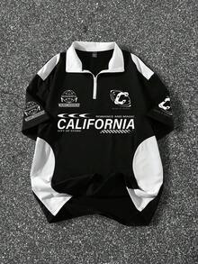 PAVTROS 男士撞色拼接短袖半开襟时尚夏季Polo衫 - 黑與白 - 查看 3