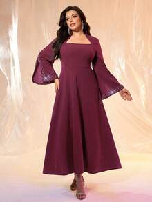 SHEIN Belle 情人节大码高端红色晚礼服，镶嵌水钻的优雅派对礼服，奢华迷人的婚礼宾客礼服，适合贵妇音乐节春夏礼服 - 中紫紅色 - 查看 5