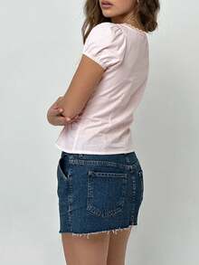 Women Plus Size Solid Color Ruched Puff Sleeve Lace Trim Summer Fashion Blouse - Baby Pink - View 2