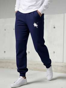 SHEIN Teen Boys' Navy Blue Contrast Print Jogger Pants, Casual Sweatpants, Soft Fabric, Versatile For Daily Wear, School, Outings, Outdoor Sports, Suitable For Autumn/Winter, Back To School Joggers Navy Blue Sweatpants Jogging Pants Joggers For Teen Boys