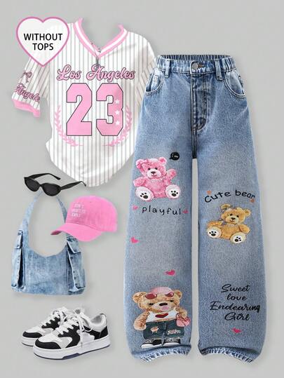 SHEIN Sparklyn 1pc Tween Girl Cartoon Capybara Printed Straight Leg Jeans, Cute & Sweet Casual Fashion Recommended! Classic Washed Blue Denim Comfortable Fabric, Cartoon Print Pattern, High Waist Elastic Waistband And Fake Chain Design, Straight Leg Silhouette, Flattering Leg. Suitable For Daily Outings, Campus Casual, Weekend Trips, Back To School Season, Vacation, Etc. Bringing Stylish And Energetic Vibes To Every Day! Kids Jean Y2k Graphic Jeans