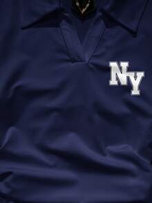 Attitoon Casual Retro Style, Minimalist Style, College Style Black NY Letter Placement Print Pattern, NY Logo Pattern, Women's Casual Fashion Print Polo Collar, Versatile Long Sleeve T-Shirt, Suitable For Autumn/Winter, Airport Outfit Carnival - Navy Blue - View 4