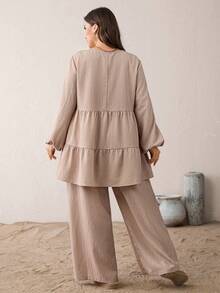 SHEIN Essnce Plus-Size Women's Spring/Summer Fashion Casual Loose Comfortable Everyday Textured Fabric Long-Sleeved Babydoll Shirt And Wide-Leg Pants Khaki Two Pieces Set,Spring Outfits,Pants Set Co Ords Sets Women Comfortable Two Piece Set Modest Two Piece Set Blouse And Pants Set Spring Casual Outfit Women Spring Set For Women - Khaki - View 2