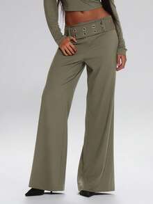 MUSERA Low Rise Eyelet Belted Wide Leg Suit Trousers Cute Back To School Casual Work Streetwear Sporty Work Wear Corporate Run Spring Y2k Summer - Grey - View 2