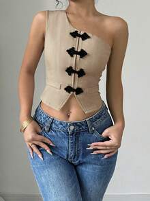 SHEIN PETITE PETITE Asymmetric Hem One Shoulder Blouse, Spring/Summer - Khaki - View 4