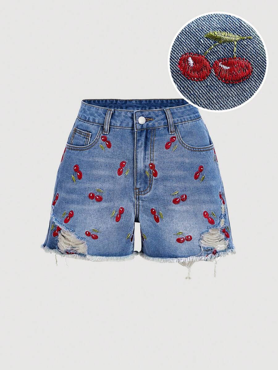 SHEIN MOD 女士樱桃刺绣做旧口袋休闲牛仔短裤，牛仔短裤，7月4日服装，茶会牛仔短裤，度假装扮，可爱夏季短裤，度假套装 - 中等水洗藍 - 查看 1