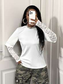 BamGleam 二合一蕾丝袖拼接白色T恤，时尚透视长袖宽松休闲上衣 - 白色 - 查看 5