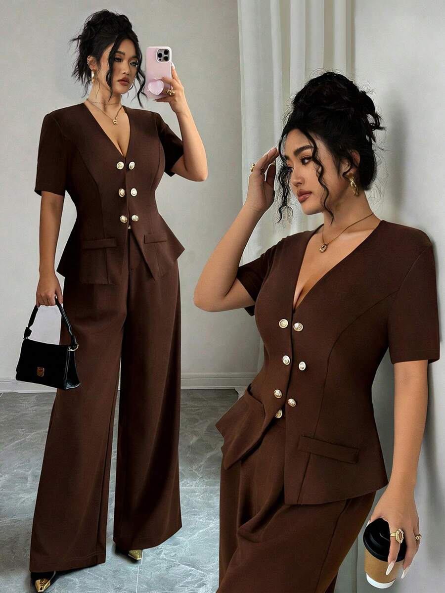Elenzga Plus Size Women's French Style Casual Elegant Formal Brown ...