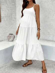 Maternity Solid Color Bowknot Decor Cami Dress - White - View 5