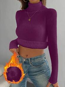 Franclia 时尚百搭高领厚款无缝修身长袖针织毛衣，百搭秋冬 - 紫色 - 查看 4