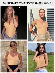 SHEIN 一件装女士无缝塑身衣，双层压缩束腰带，舒适日常穿着，按扣闭合 - 杏色 - 查看 7