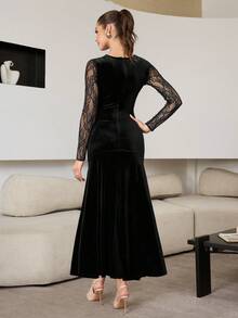 Modelyn Robe femme sexy en patchwork de dentelle noire et velours avec taille cintrée - Noir - Voir 2