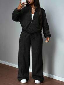 Slaydiva 2025 Autumn/Winter New Arrival Music Festival, Holiday, Western Style, Nomadic Style, Birthday Party, Graduation Season, Student Wear, Casual Daily Outfit, Basic Versatile, Letter Print Zip-Up Jacket And Straight Leg Sweatpants Set, Grey Faux Snow Flake Women 2 Pieces Set - Black - View 3