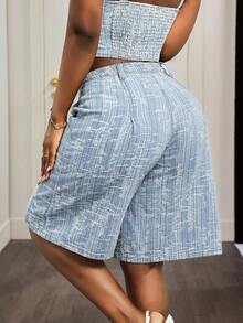 Slaydiva Women's High-Waisted, Casual, Loose-Fitting Bermuda Denim Shorts, 5/6 Length, With Pockets, Light Blue Jacquard Fabric. Valentine Clothes Carnival Women Summer Clothes  Y2k Clothes - Light Wash - View 6