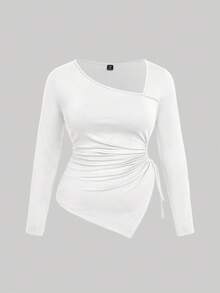 SHEIN MOD Áo thun dài tay cổ chéo, dáng rộng, vạt không đối xứng, dây rút, thoải mái, cỡ lớn. - trắng - Xem 1