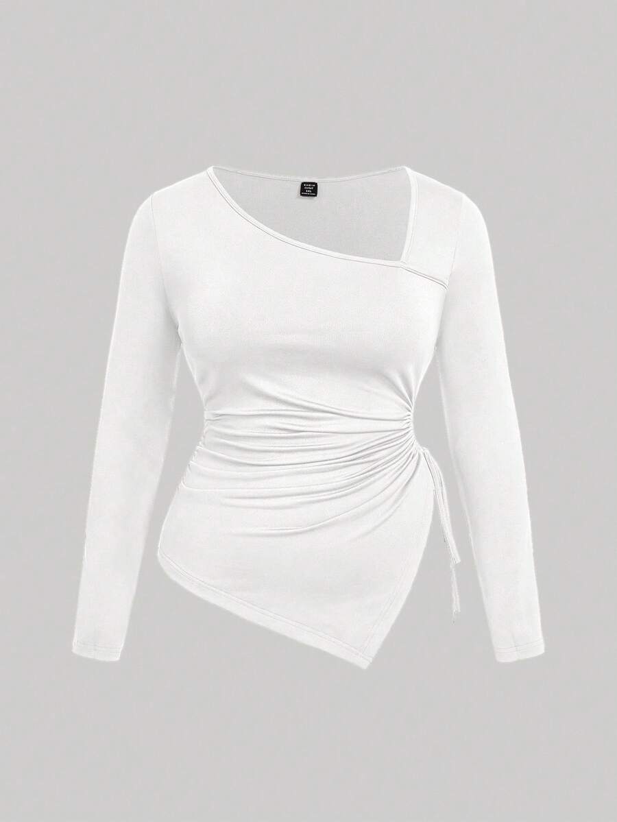 SHEIN MOD Áo thun dài tay cổ chéo, dáng rộng, vạt không đối xứng, dây rút, thoải mái, cỡ lớn. - trắng - Xem 1