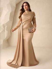 Coutiva 优雅秋冬高领长袖刺绣亮片拼接缎面鱼尾裙正式晚宴礼服，适合婚礼宾客、毕业舞会、派对、开斋饭等场合。 - 香檳色 - 查看 7