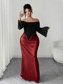 Elenzga 大码女士优雅露肩长袖连衣裙，珍珠腰部荷叶边设计，高腰修身剪裁，撞色点缀，适合生日派对、正式场合、约会、婚礼等场合。 - 酒紅色 - 查看 3