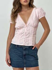 Women Plus Size Solid Color Ruched Puff Sleeve Lace Trim Summer Fashion Blouse - Baby Pink - View 3