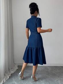 Elenzga Women's Casual Washed Front Button Short Sleeve Denim Dress Summer Elegant - Blue - View 2