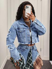 BamGleam Áo khoác denim nữ dáng casual, rách rưới, cài một hàng khuy. - Màu xanh lam - Xem 4