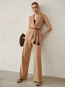 MOTF PREMIUM 常规中腰休闲斜插口袋西装裤，适合通勤和日常穿着 - 卡其色 - 查看 3