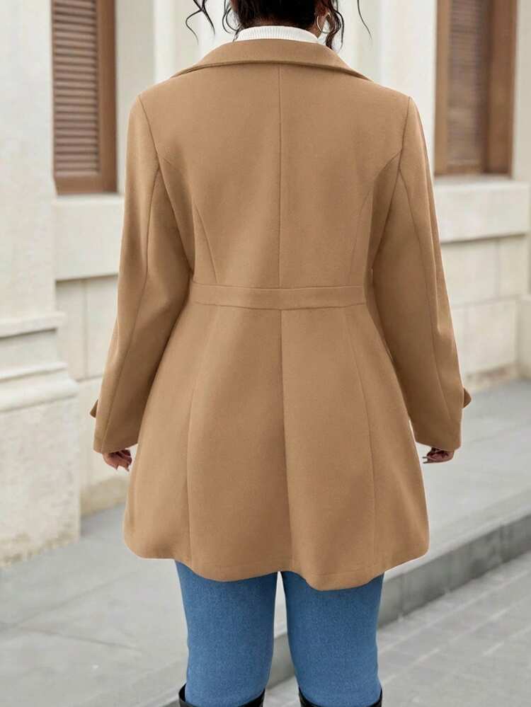 SHEIN Tall CURVE Áo khoác dáng ôm vừa vặn dành cho nữ cỡ lớn, chất liệu len pha, cài một hàng cúc. - Màu Khaki - Xem 2