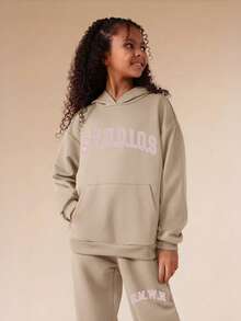 SUMWON Oversized Tween Hoodie And Wide Leg Sweatpants Co-Ord Set With Front Pocket And Studios Print For Girls For Casual And Vacation - Beige - View 4