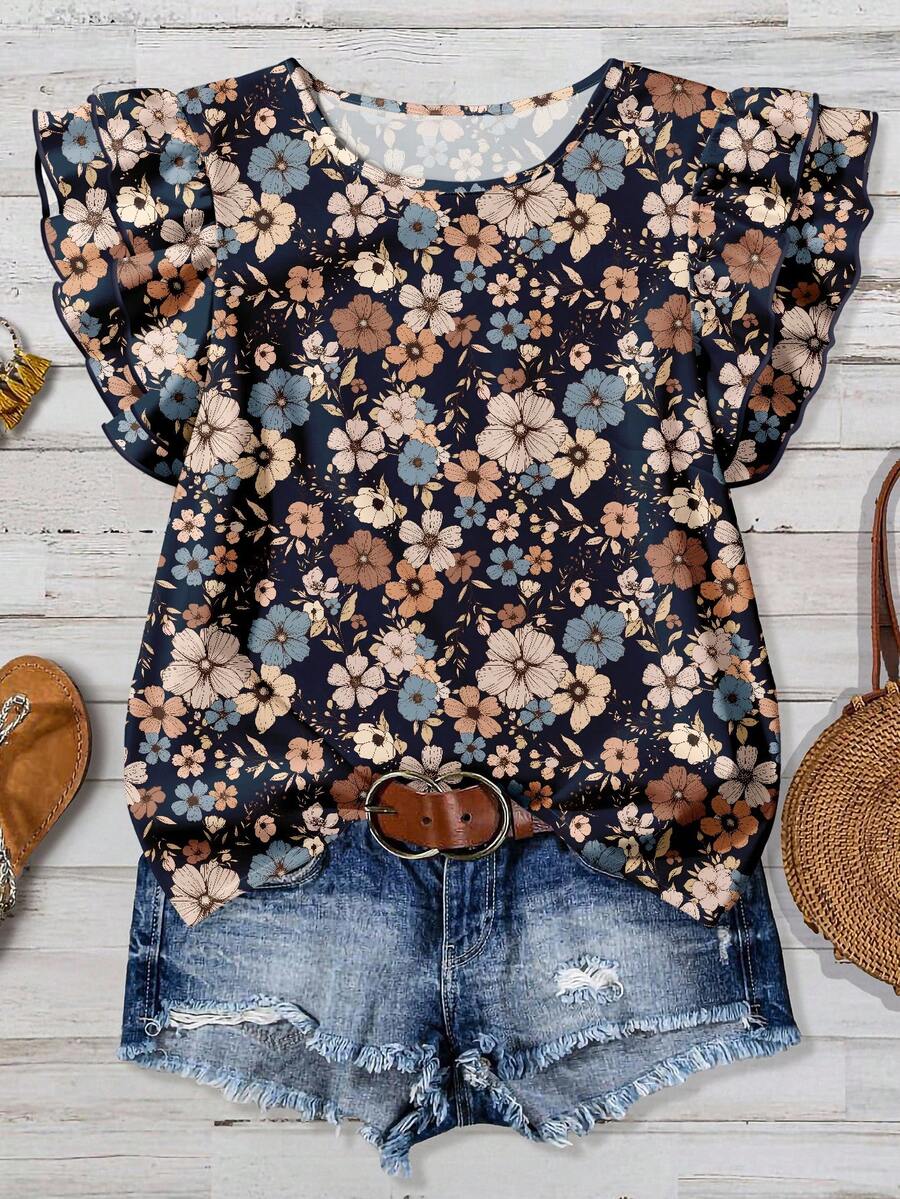 EMERY ROSE Áo kiểu nữ cổ tròn tay bồng in hoa, thích hợp mặc đi nghỉ mát. - Màu xanh lam - Xem 1