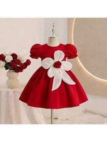SHEIN Babygirl Cute & Elegant Red Floral Short Sleeve Dress This Elegant Red 3D Floral Princess Dress Is Perfect For Parties And Gatherings With Family And Friends. - Red - View 3