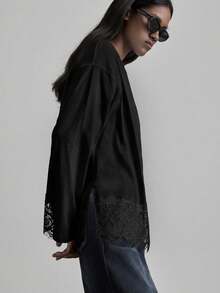 Ontre Blusa de manga larga con dobladillo de encaje, básica de negocios casuales urbanos, elegante camisa de verano, adecuada para salidas, Día de San Valentín, Negro - Negro - Ver 5