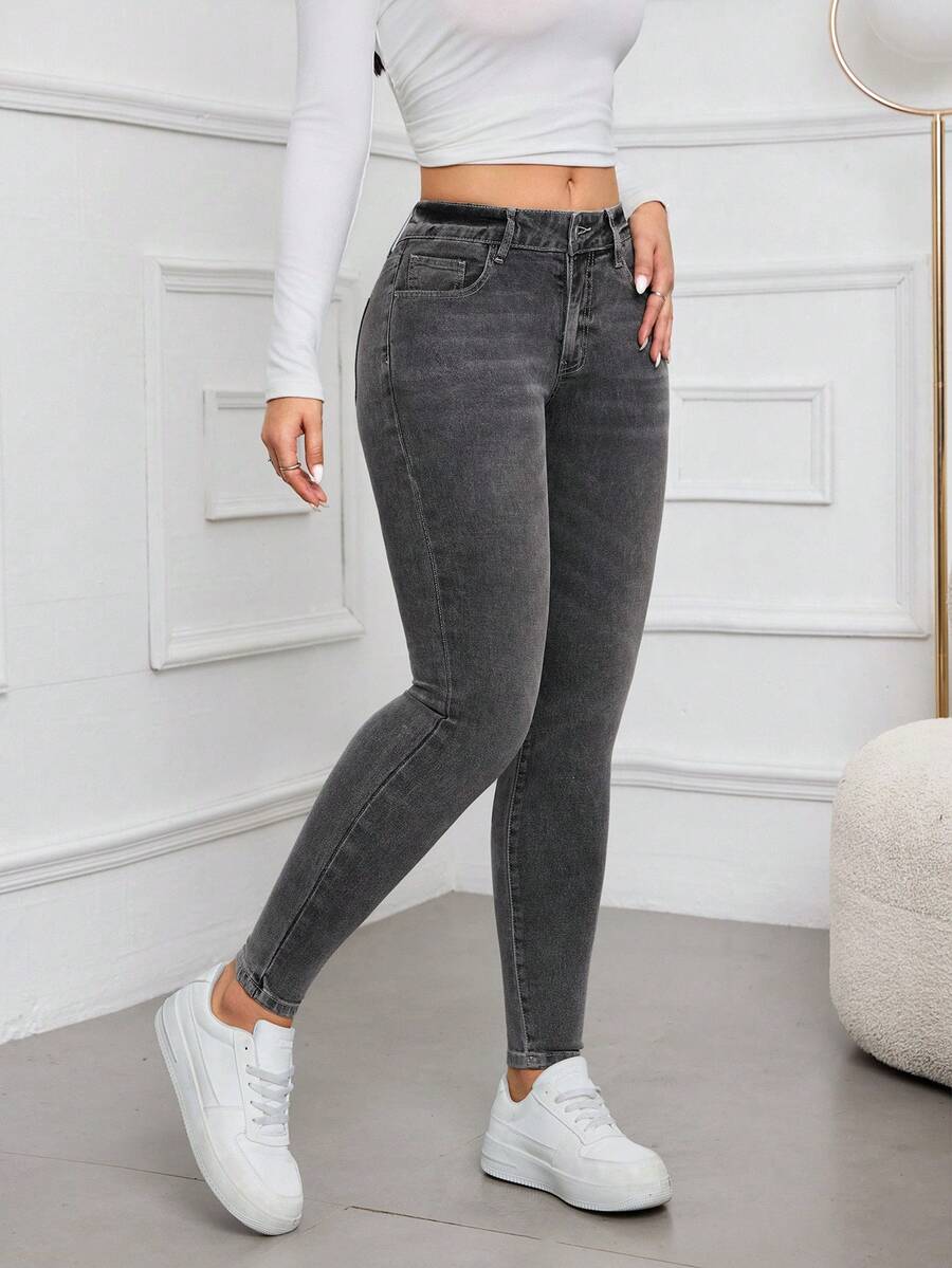 SHEIN PETITE Women's Pocket Skinny Casual Versatile Commuter Jeans - Grey - View 1
